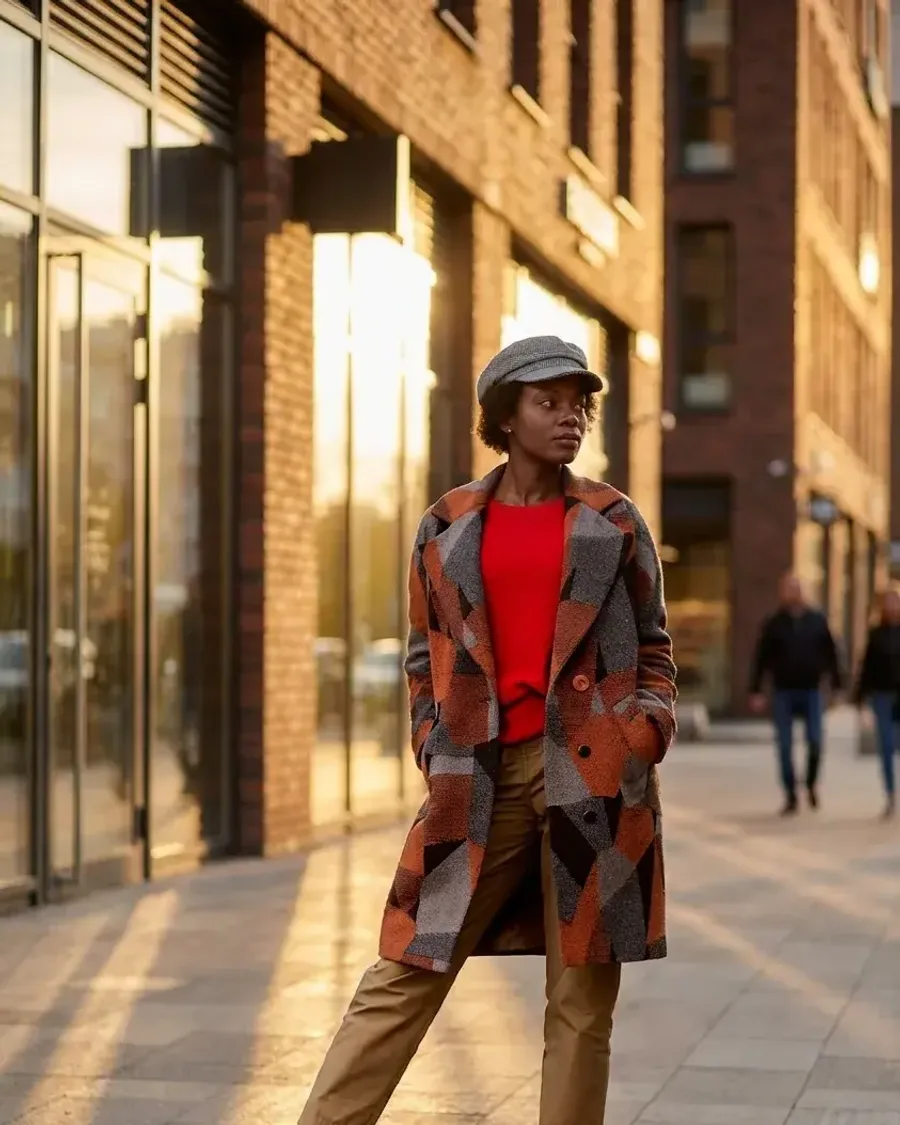 A woman in a newsboy cap, a colourblock coat, a red sweater and red boots on a city street at sunset