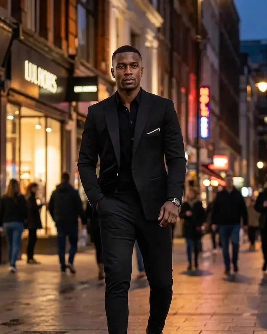 A man in a black suit walking down a wet city street at night