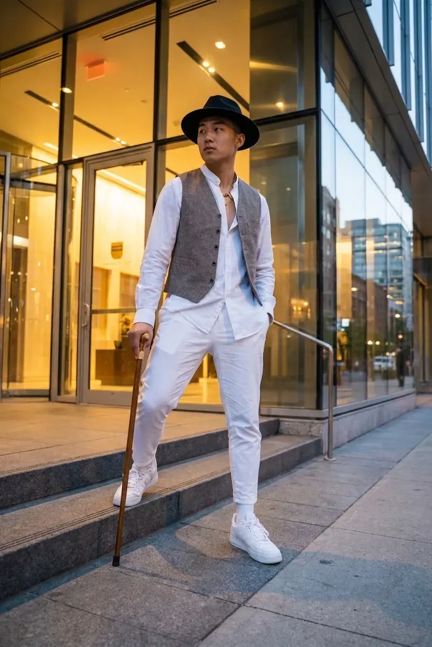 Man in a black fedora and white suit in a glass lobby at dusk