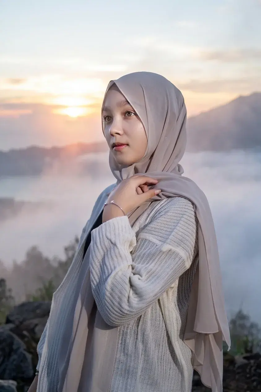 Woman in a beige hijab and cream sweater at a misty mountain sunrise overlook