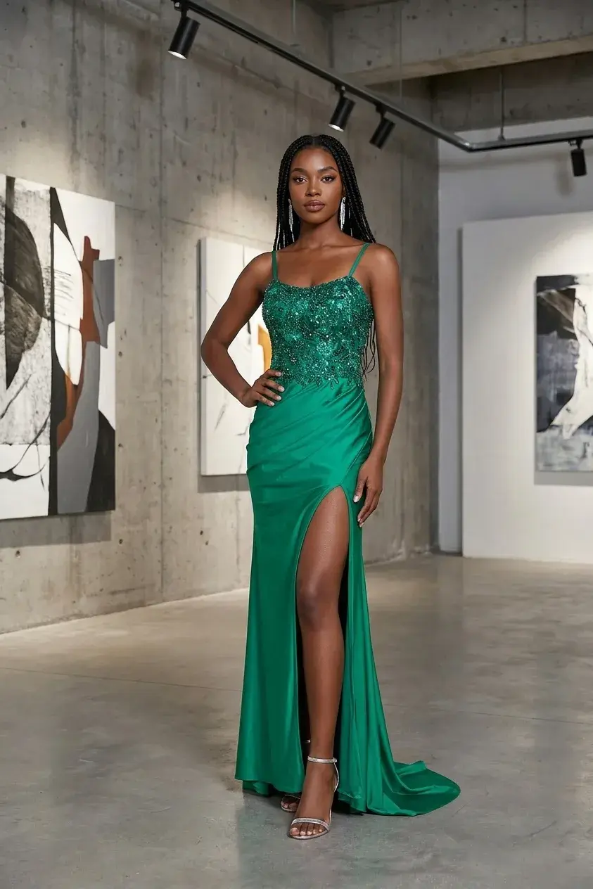 Woman in an emerald sequined gown