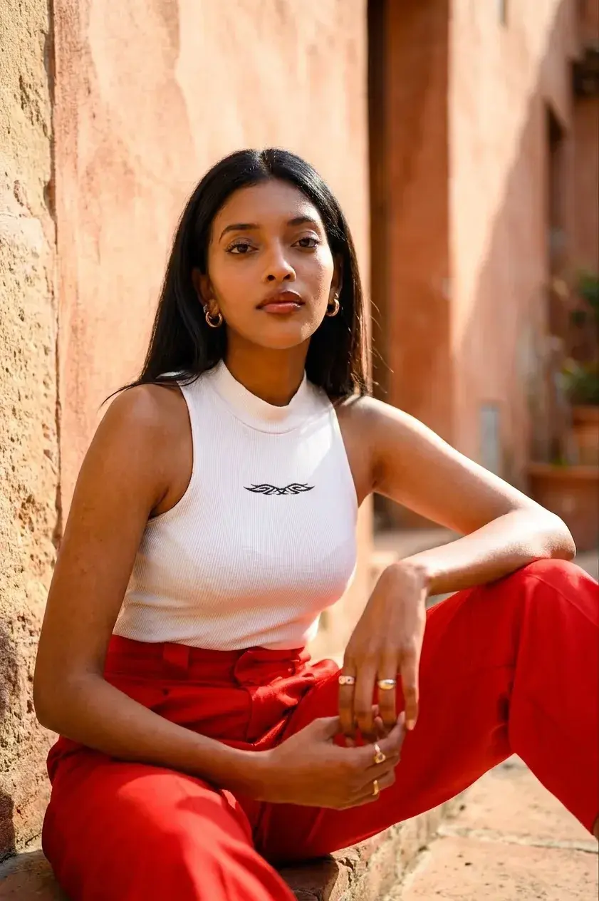 Woman in a white tank top and red satin trousers against a sunlit terracotta wall
